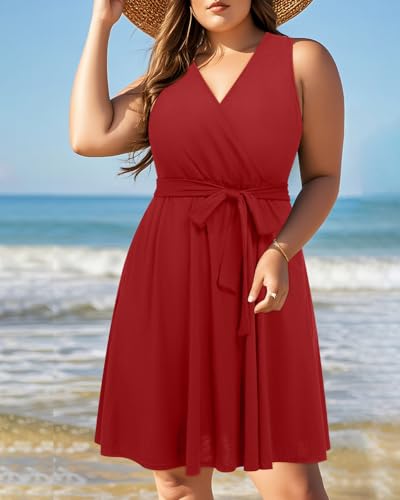 Image of Holipick Women's Plus Size Sleeveless V Neck Wrap Sundress Summer Casual Dress with Pockets