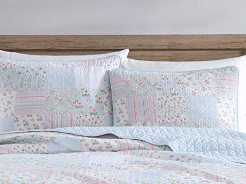 Chezmoi Collection Holly 3-Piece Printed Patchwork Cotton Quilt Set - Flower Floral Candy Stripe Polka Dots - Stone Washed Lightweight Bedspread, Queen Size #TOP2