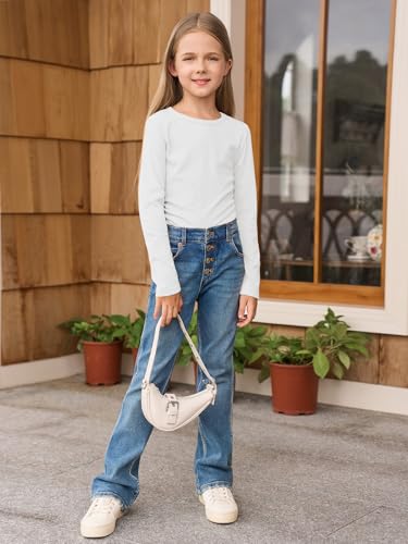 Image of Haloumoning Girls Long Sleeve Shirts Crewneck Ruched Side Slim Fit Tops Ribbed Knit Casual Tee Shirt 4-15 Years