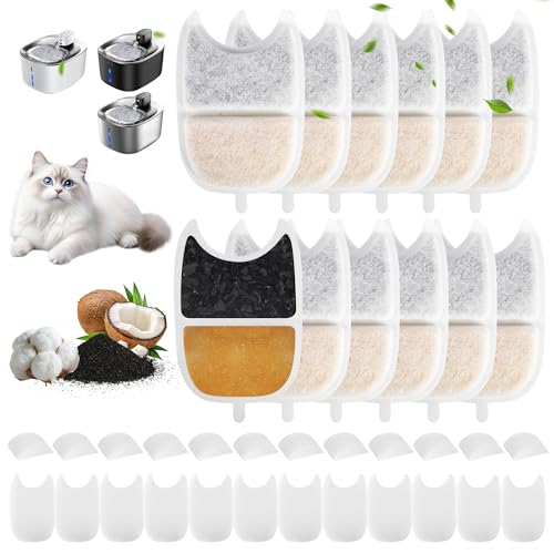 12 Katzenbrunnen Filter und 24 Schwämme Ersatzfilter für 4 Liter Trinkbrunnen, Filter Katzenbrunnen mit Harz und Aktivkohle, Trinkbrunnen Filter...