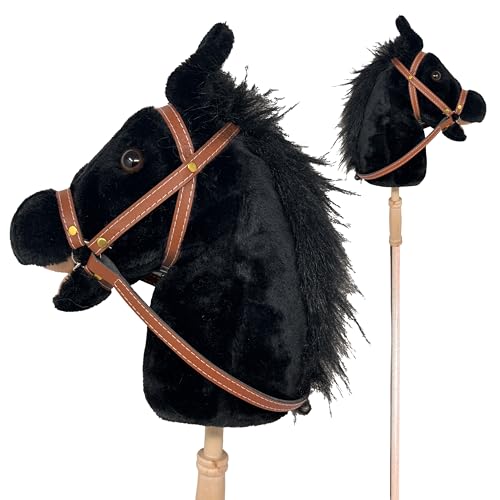 Stick Horse | Plush Handcrafted Hobby Horse Stick Pony Provides Fun Pretend Play for Toddlers & Preschoolers | Handsewn, Sturdy Wood, and Sound Effects (Black)