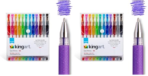 Image of KINGART 400-12 Glitter Rollerball Gel Pens, 12 Sparkling Colors with Soft-Grip Comfort, XL Ink Cartridge - More Ink, Great for All Ages, Writing, Coloring, Doodling, Scrapbooking, Journaling & More