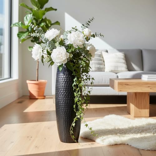 Image of RIZIK STORE Hammered Gold Metal Floor Flower Pot /Vase - 24.2 Inch Tall Round Decorative Vase for Living Room, Modern Minimalist for Dried Flowers, Antique Home Decor Accent (Black)