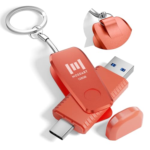 Image of MOSDART 128GB USB C and A 3.1 Dual Flash Drive with Keychain, Orange | Fits Android Phones, iPhone 15, 16, 17, Macbook, iPad, For Photos and Videos, USB-C Port Protection, Phone Case Friendly