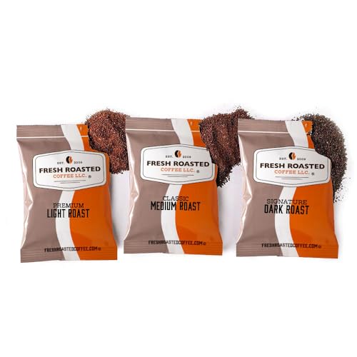 Image of Fresh Roasted Coffee, FRC Light, Medium, & Dark Roast Blends Variety Pack Drip Ground Fractional Packs, Kosher, 2.25 oz, 36 Count