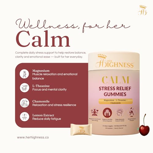 Image of Her Highness CALM Stress Relief Gummies for Women | 30 Gummies | Magnesium, L-Theanine, Chamomile | Stress Support, Emotional Balance, Focus & Relaxation | No Added Sugar | No Added Preservatives | 100% Veg | Cherry Flavour