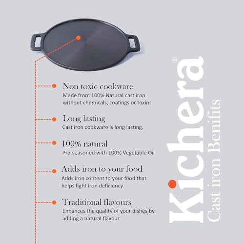 Image of Kichera Pre-Seasoned Cast Iron Dosa Tawa 12 Inch | Super Smooth Polished Surface, Dual Handles & Induction Compatible | Naturally Non-Stick, Pure & Toxin-Free Roti Pan for Dosa, Chapati, Paratha