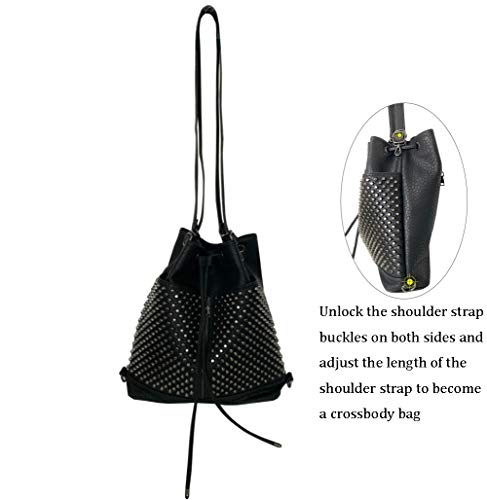 Chikencall Over-size Studded Bucket Bag for Women,3 Ways Multifunction Backpack Vegan Leather Punk Rock Rivet Large Shoulder Bag Crossbody Bag Black3