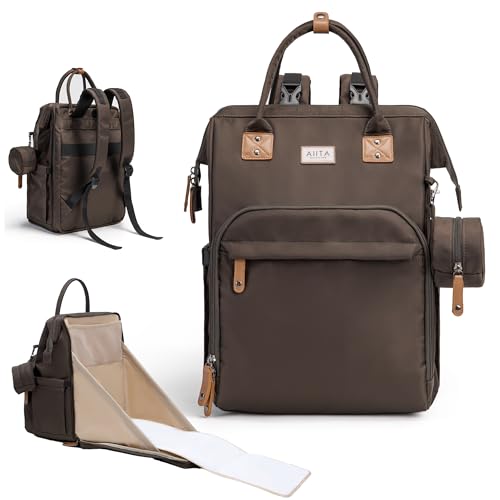 Image of AIITA Diaper Bag Backpack, Multifunction Diaper Bag with Changing Station, Stylish Baby Bags, Large Unisex Diaper Backpack for Mom and Dad, Baby Registry Search, Portable Changing Pad – Black Brown