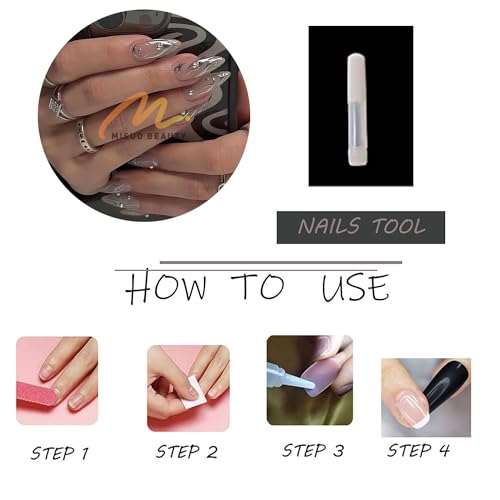 MISUD Press on Nails Medium Almond Fake Nails Glossy Glue on Nails Chrome Swirl Acrylic Nails Stiletto Silver Aurora Artificial Nails 3D Pearl Flash False Nails with Design 24 pcs - Image 7