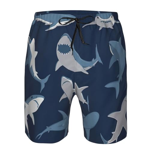 Blue Cartoon Shark Print Men's Swim Trunks | Quick Dry Drawstring Beach Shorts4