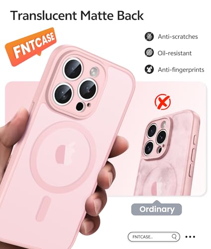 Image of FNTCASE for iPhone 15 Pro Max Case: [Compatible with Magsafe] Translucent Matte Cases with [Full Camera Protection] [Screen Protector] Military Grade Shockproof Protective Phone Cover - Light Pink