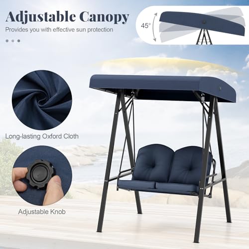Image of HAPPYGRILL 2-Person Porch Swing, Outdoor Loveseat Swing with Adjustable Canopy & Heavy-Duty Metal Frame, Cushioned Swing with Stand for Porch, Backyard, Garden (Navy)