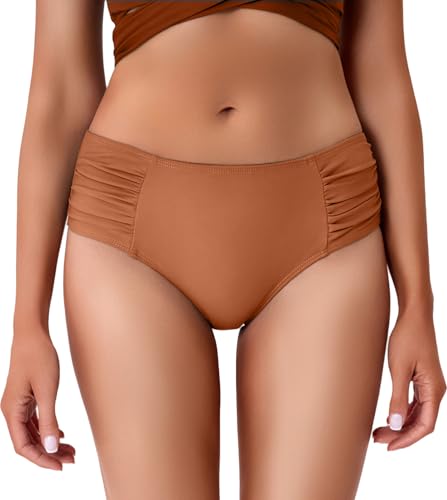 COCOPEAR Full Coverage Bikini Bottoms for Women Mid Rise Bathing Suit Bottoms for Women Ruched Tummy Control Swim Bottoms Light Orange XL