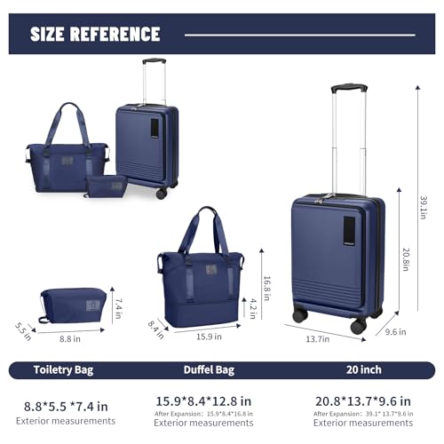 20 inch Small Carry On Luggage Front Open with Laptop Pocket, ABS+PC Hard Shell Suitcase with Spinner Wheels TSA Lock & YKK Zipper, 20in/Toiletry Bag/Handbag, Dark Deep Navy Blue2