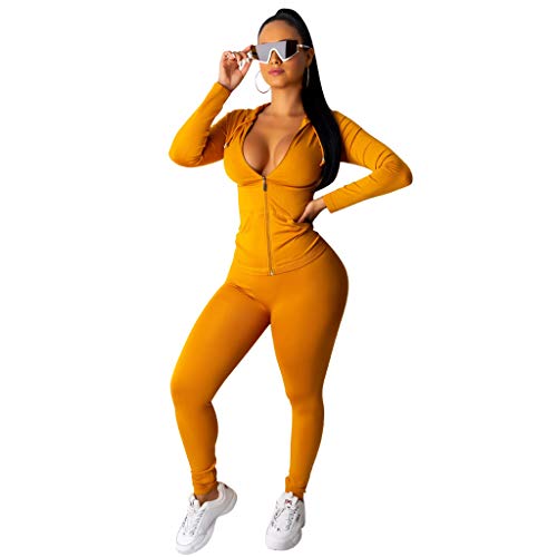 Women 2 Piece Outfits Hoodie Long Sleeve Zip Up Jackets Bodycon Long Pants Tracksuit Sets Yellow