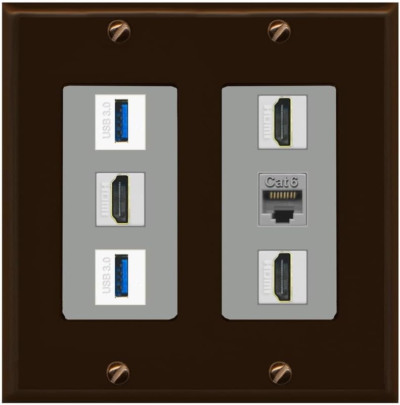 RiteAV 3 Port HDMI 2 Port USB 3.0 1 CAT6-RJ45 Wall Plate - 2 Gang [Brown/Gray]