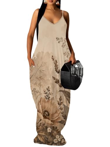 Image of Women's Summer Maxi Dress Spaghetti Strap Floral Boho Beach Long Sundress with Pockets