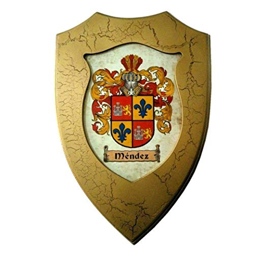 Metopa de madera craquelada en dorado y envejecida con escudo heráldico de 1 apellido
