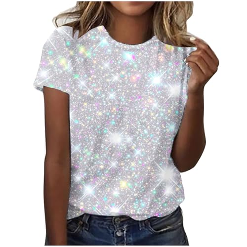 Dyhxuan Lentejuelas Tops Mujer 3D Estampado Brillante Camiseta Fiesta Manga Corta Camiseta Holgada Cuello Redondo Jersey Vintage Nochevieja Disfraz Túnica Disfraces Blusa para Rave Festivo, plata, M