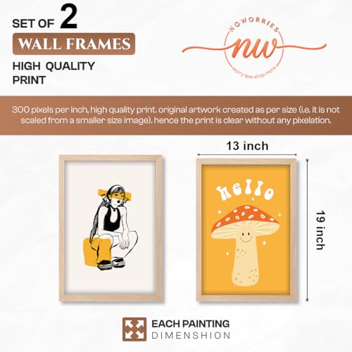Image of NoWorries Aesthetic Pop Art Wall Framed Painting Set | Girl Illustration & Cute inchHello inch Mushroom Art Prints | Premium 300 GSM Paper Print with Synthetic Wooden Frames | Modern Abstract Wall Decor for Living Room, Bedroom & Office (Set of 2) (NATURAL, ART-1, 13X19INCHES)