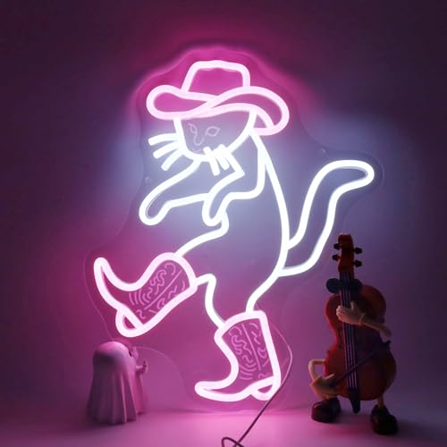 Image of Cowboy Cat Funny Neon Light Sign,Pink Cowboy Hat Animal Neon Sign for Western Rodeo Decor,Novelty Hand Gesture Led Light Up Sign for Home Decoration Bedroom Decor