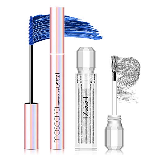 4D Silk Fiber Lash Mascara, Blue Color & Glitter Macara - Voluminous Extension for Longer Sparkling Diamond Shining Eyelashes, Natural Non-Toxic Hypoallergenic Eye Makeup Set (#4 Blue)
