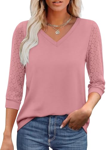 Womens 3/4 Sleeve Tops and Blouses V Neck Lace Sleeve Tunic Tops Pink Valentine Shirts for Women Cruise Vacation Outfits M