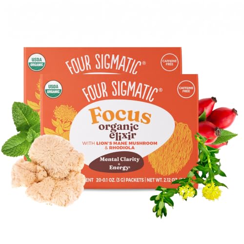 Four Sigmatic Lion's Mane Focus Elixir Mushroom Coffee Alternative | Organic Lion's Mane Mushroom Powder,Rhodiola &amp; Rose Hips | Immune &amp; Memory Support-| Paleo-|,20 Count (Pack of 2)