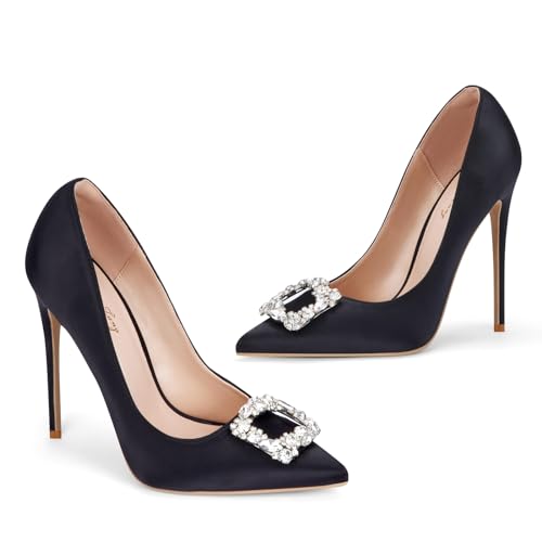 Elisabet Tang Women's High Heels,4.72 Inch Satin Glitter Rhinestone Stiletto Pumps for Women Sexy Closed Pointed Toe Heels Elegant Versatile Wedding Bridal Party Dress Shoes3