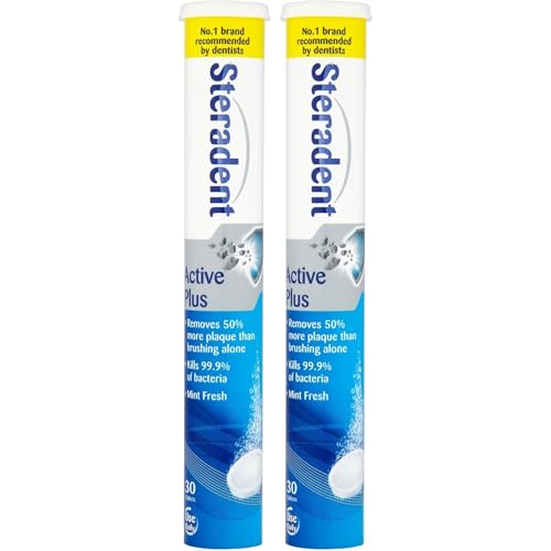 Steradent Active Plus Tablets 2 x 30 Tabs Mint Fresh Denture Cleaner Kills 99.9% Bacteria