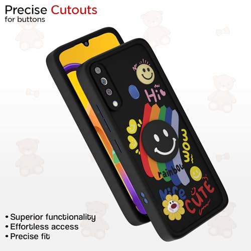 Image of Pikkme Back Cover for Samsung Galaxy M30 | Soft Silicone| Cute Rainbow Smile & 3D Cartoon Flower Design | Shockproof Raised Camera Protection Bumper Case (Black)