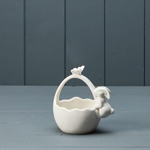 Fyne-Finds White Ceramic Posey Basket Rabbit Statue 12Cm Pot Glossy With Handle Fruit Bowl Shelf Sitter Tabletop Home Decorative Gift