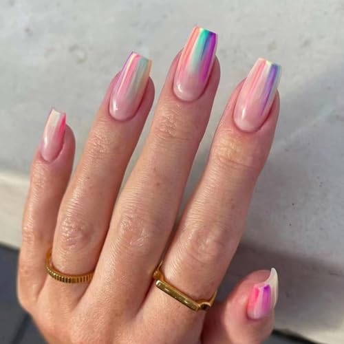 Press On Nails Coffin Medium Aurora Rainbow Glossy Full Cover Glue on Nails with Designs Colorful Chrome Artificial Acrylic Nails Kit for Women Manicure 24Pcs