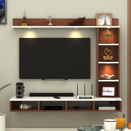 Image of Anikaa Briza Engineered Wood Wall Mounted TV Unit with 4 LED Lights, 9 Open Display Boxes & Shelf Design for Living Room | Ideal for Upto 43 Inch TV- Walnut /White(DIY Installation)
