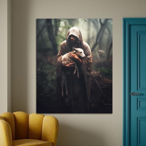 Image of GUN SUPPLIES OUTLET LLC Jesus and Lamb Canvas Wall Art Jesus Rescues A Muddy Lamb Picture Wall Art Christian Home Decor 12x16 inch