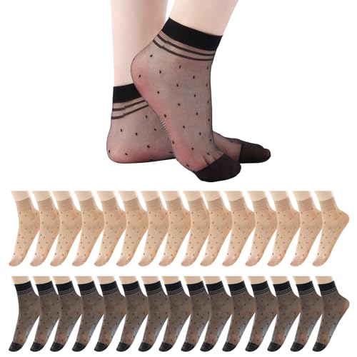 Image of 30 Pairs Women Ankle Sheer Socks Nylon Thin Transparent Cool Summer Socks Nude Black See Through Silk Lace Sock Clear Short Hosiery Breathable