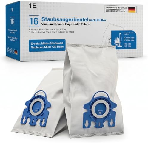 16 Staubsaugerbeutel Typ GN für Miele Complete C3, C2, Classic C1 | Ersetzt GN · 24-teiliges Set mit 4 Motor- und 4 Abluftfiltern · Mehrschicht-Mikrofaser hält Feinstaub und Allerg