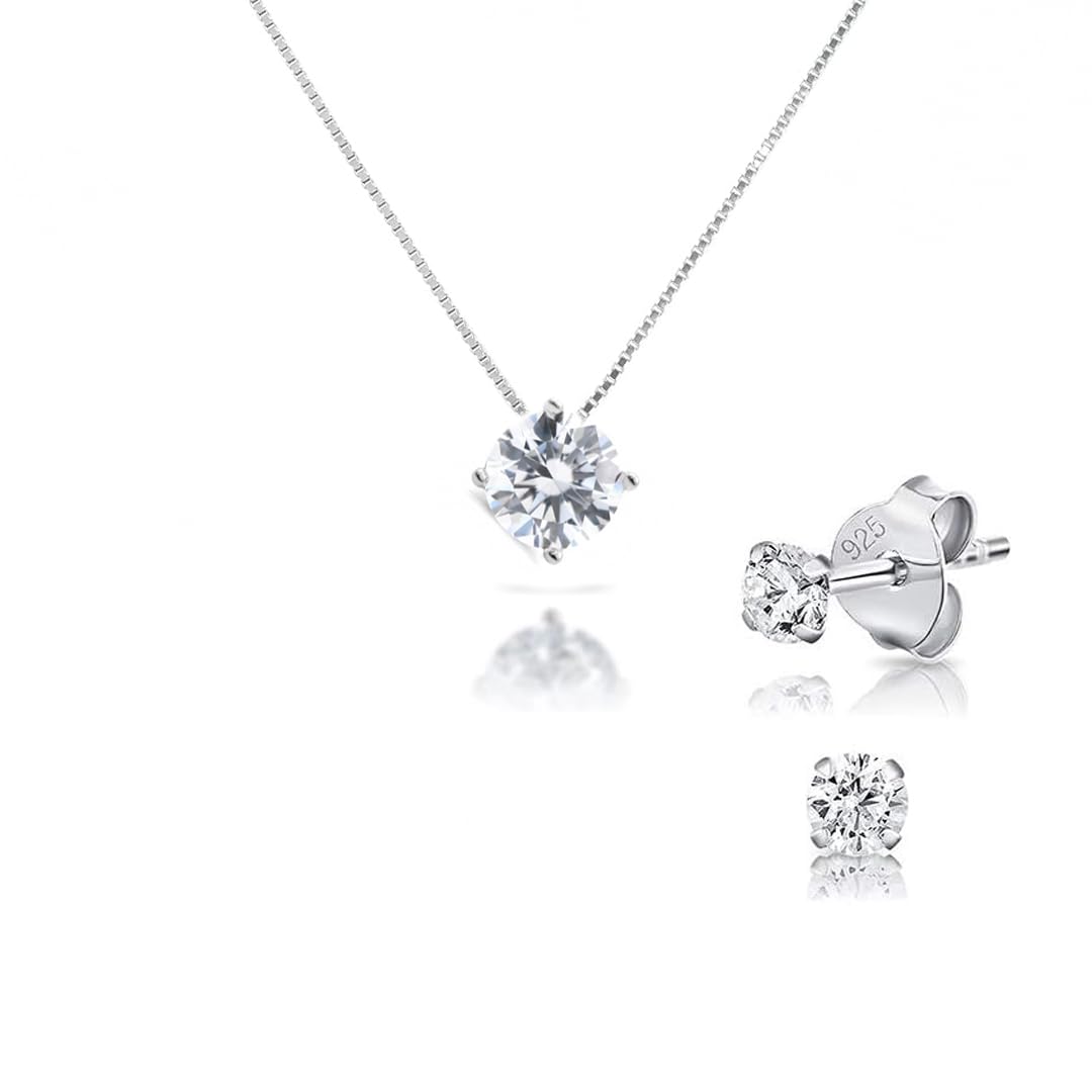 Completo ciondolo punto luce argento 925 rodiato catenina veneziana 42 cm orecchini punto luce con Zirconi Bianchi 6mm Taglio Diamante gioiello elegante donna ragazza