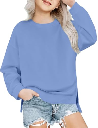 Image of Arshiner Girls Crewneck Sweatshirt Long Sleeve Pullover Tops Drop Shoulder Sweatshirts Side Split