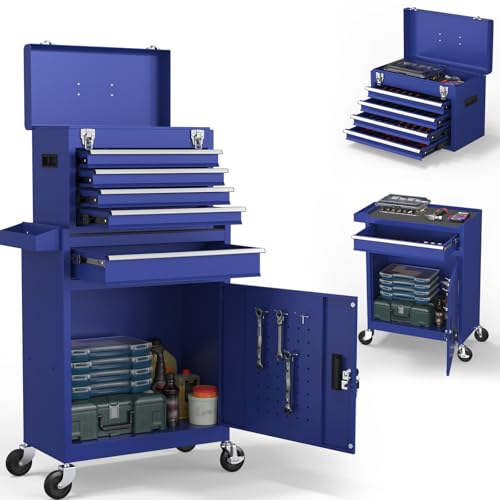 Cobinery 5-Drawers Tool Chest, 2-in-1 Rolling Tool Box with Wheels and Drawers, Detachable Storage Toolbox with Lock, Heavy-Duty Metal Tool Cart for Garage, Workshop (Blue)