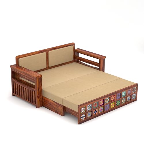 Image of Solid Sheesham Wood Sofa Cums Bed with Cushioned Seating & Handcrafted Tile Storage Front | Rosewood Convertible Sofa Bed for Living Room & Bedroom (Honey)