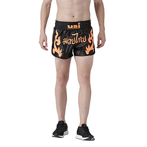 Image of USI Universal Muay Thai Shorts for Men Women, 410N Boxing Kickboxing MMA Fight Clothing Training Workout Trunks (in, Alpha, L, Regular, Black /Orange)