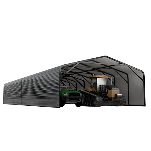 Image of Military-Grade Metal Carport 20x52 FT,Heavy Duty Garage 2-Sided Enclosure | 2x2 inch Steel Poles with Powder Coating, 15-Gauge Walls,120 PSF Snow Load Roof, Hurricane Resistant, Pickup, Truck, Black