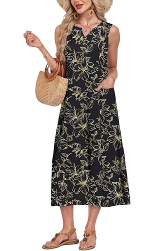 MOLERANI Summer Casual Midi Dress with Pockets V Neck Sleeveless Button Down Cute Dresses for Women Flowy Dresses for Women, Black Gold Leaf, S — view 2