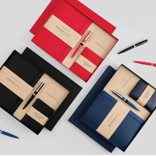 Image of myPAPERCLIP Executive Series A5 Diary & Pen Gift Set | Includes Classic Ball Pen, Italian Leather Card Holder & Softcover Notebook | 192 Pages, 80 GSM | Ideal Corporate, Office & Personal Gift | Red