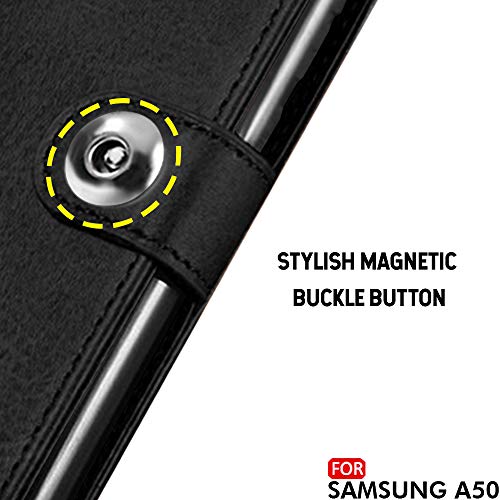 Image of TheGiftKart Genuine Leather Finish Flip Cover for Samsung Galaxy A50s / A50 / A30s | Inside Pockets & Inbuilt Stand | Wallet Style Back Case | Designer Button Magnet Closure (Black)