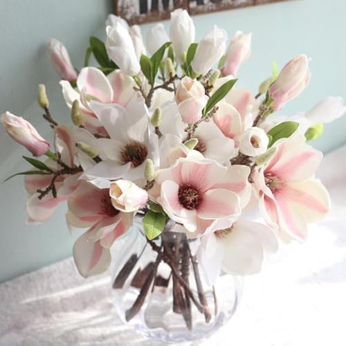 Weiße künstliche Magnolie, künstliche Seidenblume, Einzelblumen, Heimdekoration, Wohnzimmer, Schlafzimmer, Garten, Party, Hochzeit, Dekoration in Töpfen, Vasen für Schreibtisch, Tisch, künstliche