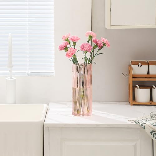 Vase verre rose côtelé 25 cm fleurs longues KAYLETIN