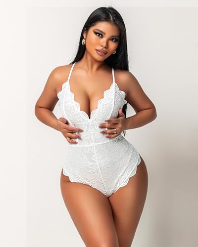 Image of Avidlove Sexy Lingerie for Women Deep V Teddy Sheer Lace Bodysuit Snap Crotch One Piece Babydoll